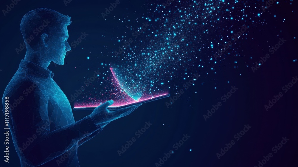 Poster innovative digital interaction futuristic setting graphic art virtual environment close-up view tech