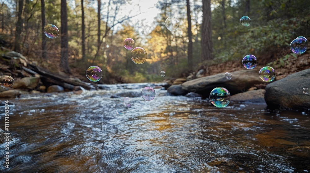 Poster sparkling soap bubbles float over a tranquil forest stream.