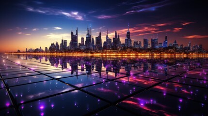Obraz premium Futuristic city skyline reflected in a water surface at sunset, with vibrant purple and pink lights.