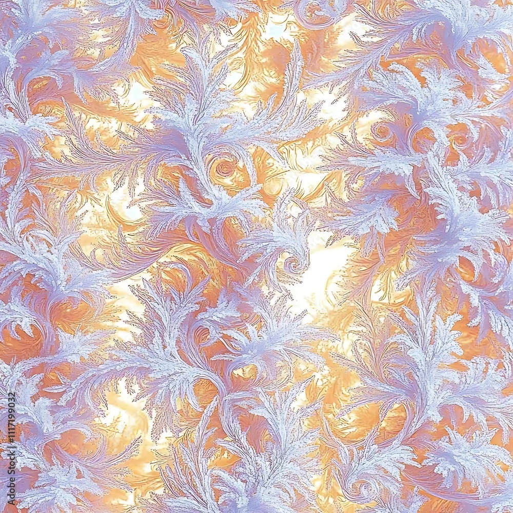 Poster intricate frost patterns on a windowpane, showcasing delicate icy structures in pastel purple and or