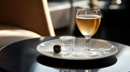 Cup of espresso served with a small glass of sparkling water, in a chic