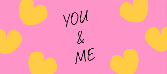 Simple Happy Valentine's Day with yellow heart, romantic words in pink color background for sale, advertising, brochures, postcard, greeting card, flyer, banners, social media. Vector illustration.