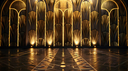 A large, ornate gold wall with a black floor. The wall is decorated with gold leaf and the floor is made of wood. The room is empty and the lighting is bright