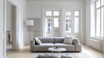 Modern Minimalist Living Room with Soft Gray Sofa and Natural Light