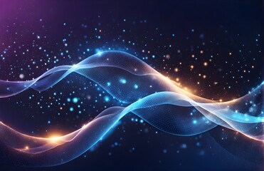 Obraz premium Abstract purple-blue background with glowing particles, waves, and stars. Starscapes, cosmos, science, galaxy, futuristic world. Designed for banners, wallpaper.