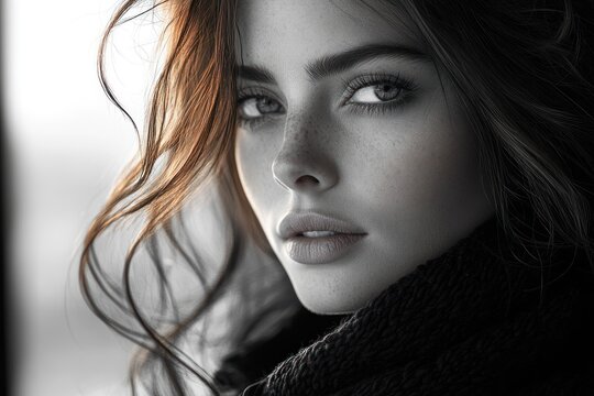 Close-up portrait of a young woman with freckles and wavy auburn hair, wearing a dark turtleneck.