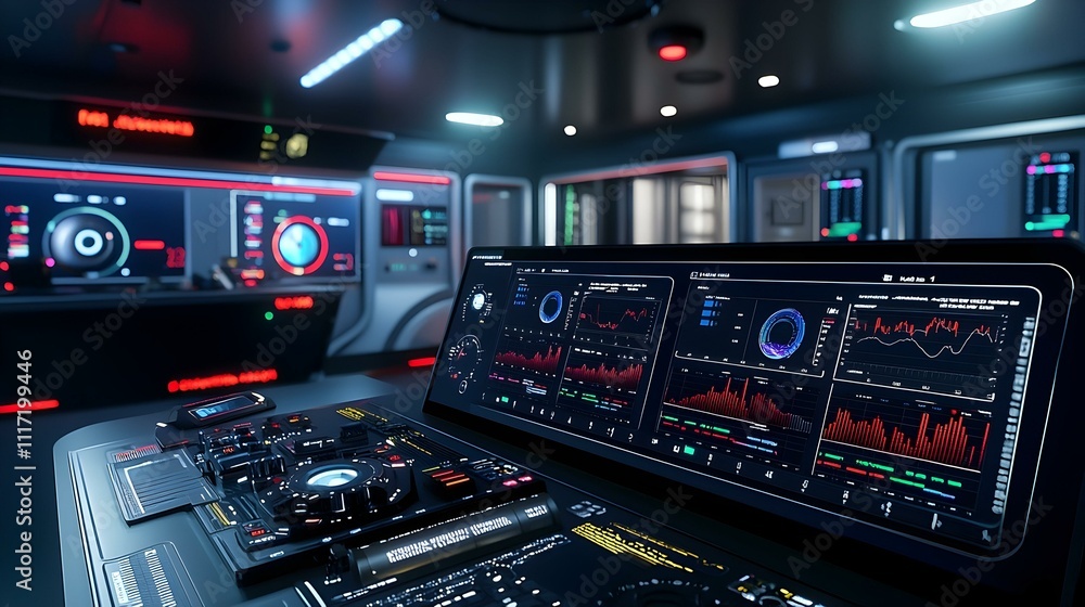 Poster futuristic control room with advanced technology displays and monitoring system. perfect for sci-fi,