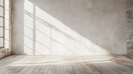 Bright Empty Room with Wooden Floor and Shadowed Wall Design