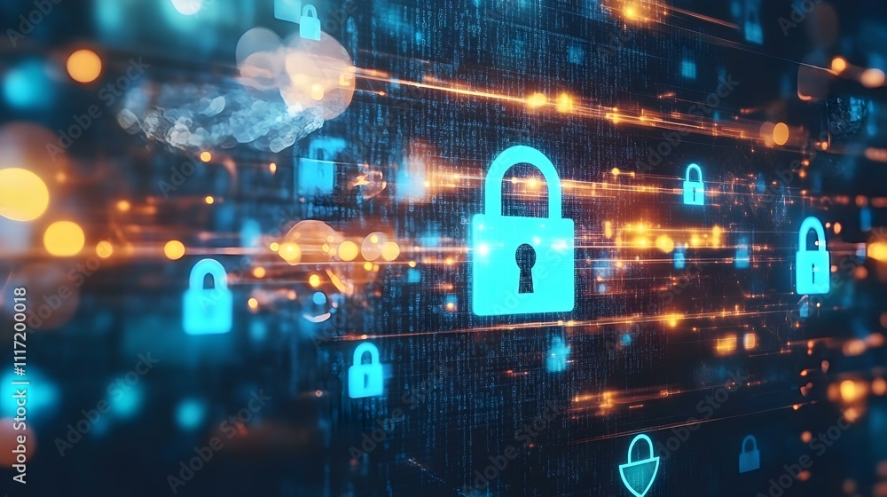 Poster abstract digital security concept. glowing padlock icons on a futuristic tech background. ideal for 