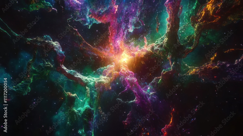 Wall mural vibrant nebula with swirling cosmic clouds and bright core, showcasing a spectacular display of colo