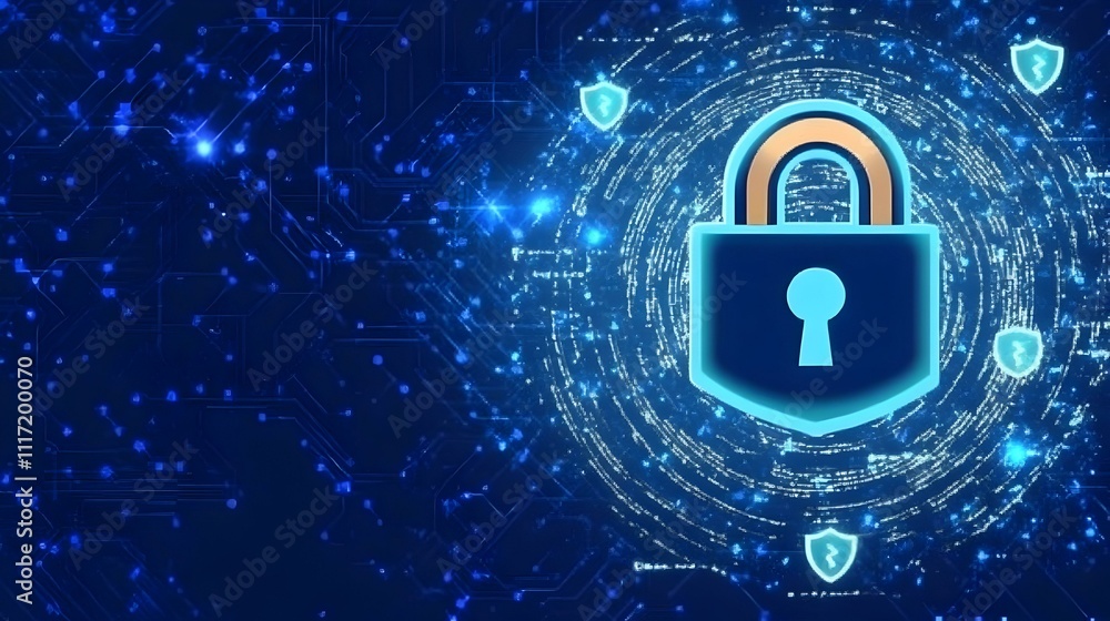 Poster cyber security concept. glowing padlock with digital shields on a circuit board background. perfect 