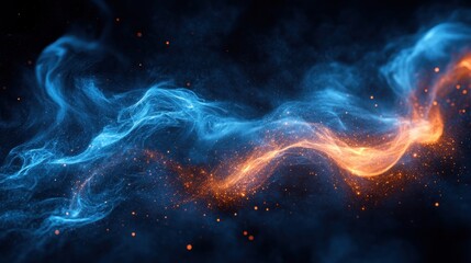 Abstract swirling blue and orange smoke with sparks on black background.