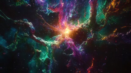 Vibrant nebula with swirling cosmic clouds and bright core, showcasing a spectacular display of color and light in deep space.