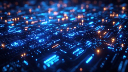 Fototapeta premium Abstract glowing circuit board with blue and orange lights, depicting digital technology and connectivity.