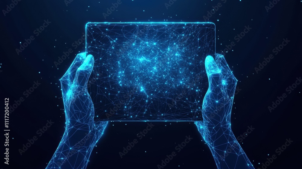 Poster digital interaction displaying futuristic technology virtual environment graphic visualization hands