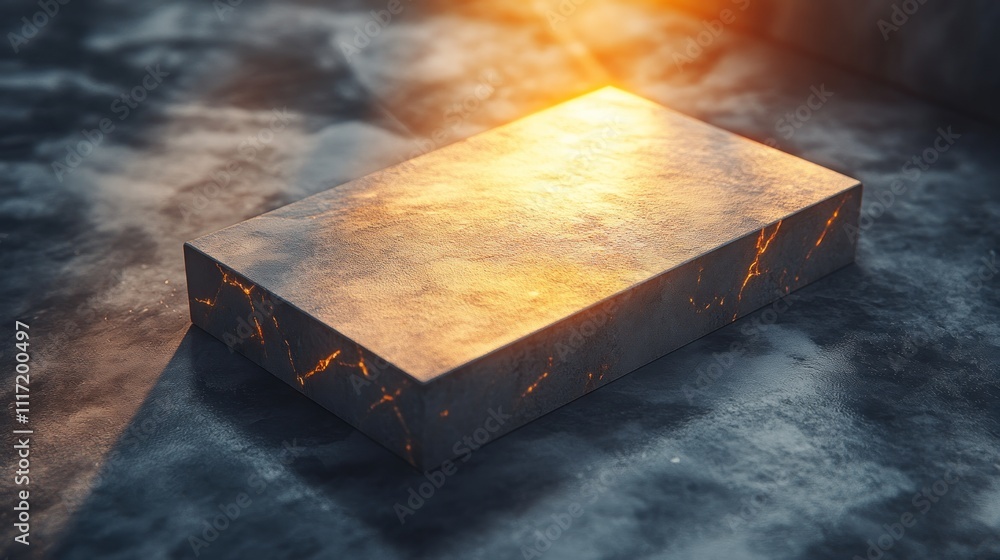Poster glowing rectangular stone platform on dark surface.