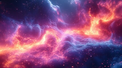 Abstract cosmic nebula with vibrant red and blue energy swirls and glowing particles.