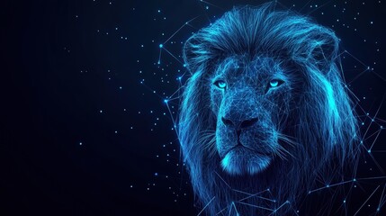 Majestic lion portrait digital art cosmic background graphic design close-up nature and technology fusion