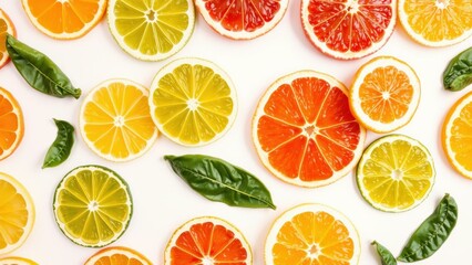 Fototapeta premium Vibrant Citrus Slices and Fresh Leaves: Perfect for Health and Wellness Promotions