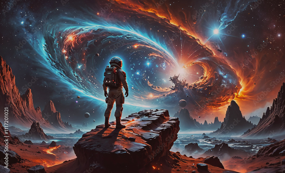 Poster A man in a spacesuit stands on a rocky surface in front of a swirling vortex. The scene is set in a distant, alien world with a sense of wonder and adventure