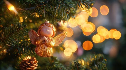 Obraz premium A delicate angel ornament made of gold and white materials hanging on a lush green Christmas tree. Warm lights softly illuminate the scene, creating a peaceful festive atmosphere.