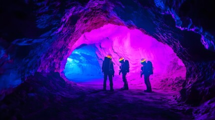 Explorers in a colorful cave illuminated by blue and purple lights.