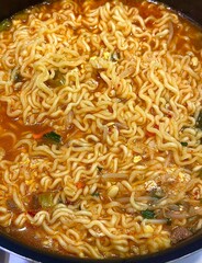 Shin Ramyun,close up of Ramyeon or Ramyun is a Korean-style soup noodle dish with a spicy flavor. Ramyeon or Korean instant noodles with egg - Korean food style

