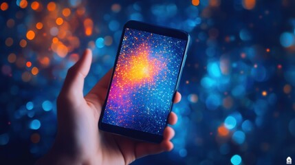 Smartphone displaying vibrant digital art home office technology showcase modern environment close-up view creative concept