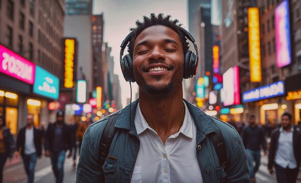 A man wearing headphones and a blue jacket is smiling in a busy city street. The scene is lively and bustling with people walking around