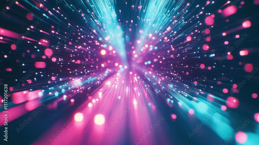 Poster abstract pink and teal light streaks exploding from center, bokeh effect.