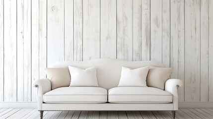 White sofa with beige pillows against a whitewashed wood wall.