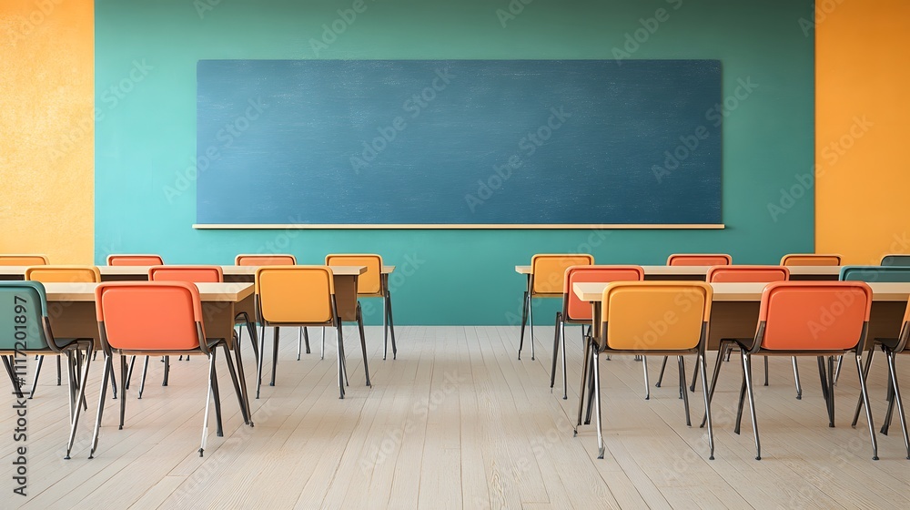 Aufkleber a minimalist shot of an empty classroom with rows of neatly arranged desks and chairs facing a clean