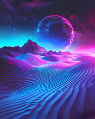 A blue and purple desert landscape with a large planet in the sky. The sky is filled with stars and the planet is surrounded by a purple glow. The scene is peaceful and serene
