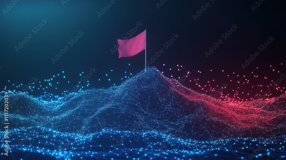 Poster digital flag waves on abstract mountain landscape futuristic environment 3d animation concept tech i