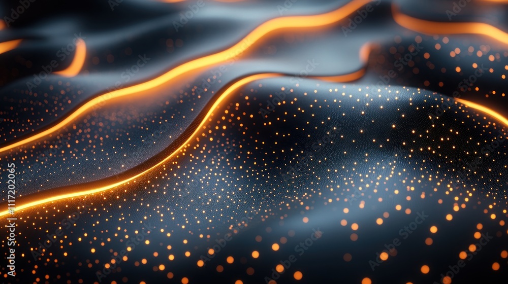 Poster abstract glowing orange lines on dark wavy surface with particles.