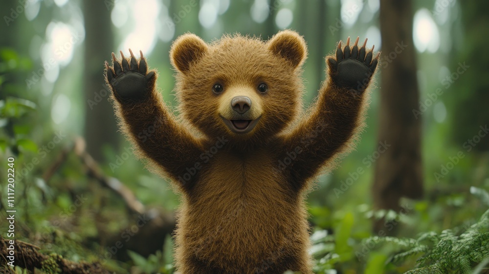 Canvas Prints Adorable brown bear cub standing on its hind legs with paws raised in a forest.