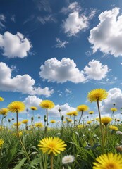 Soft yellow dandelions sway gently in a serene field under a vast blue sky with few wispy white clouds scattered across it, dandelion field, natural landscape, sunny sky, flowers in field