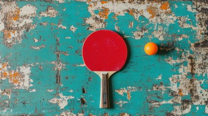 Red ping pong paddle and orange ball on a rustic teal wooden surface. Perfect for websites or blogs about sports, leisure, or retro themes.
