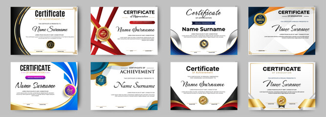 Certificates of completion template with luxury badge and modern line and shapes. Horizontal certificate For award, business, and education needs. Diploma vector template
