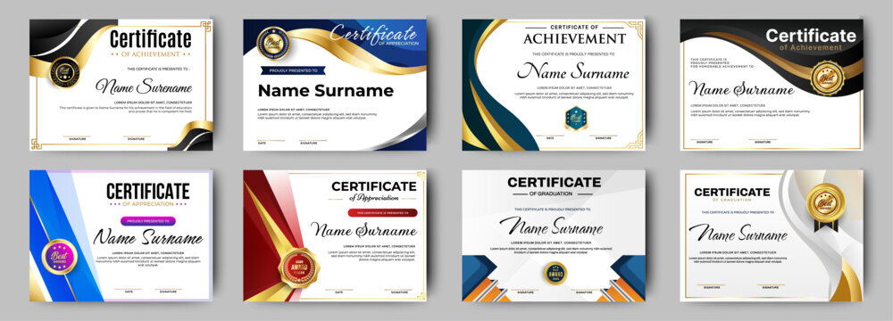 Certificates of achievement template with luxury badge. Eight choice of certificates For award, business, and education needs. Diploma vector template