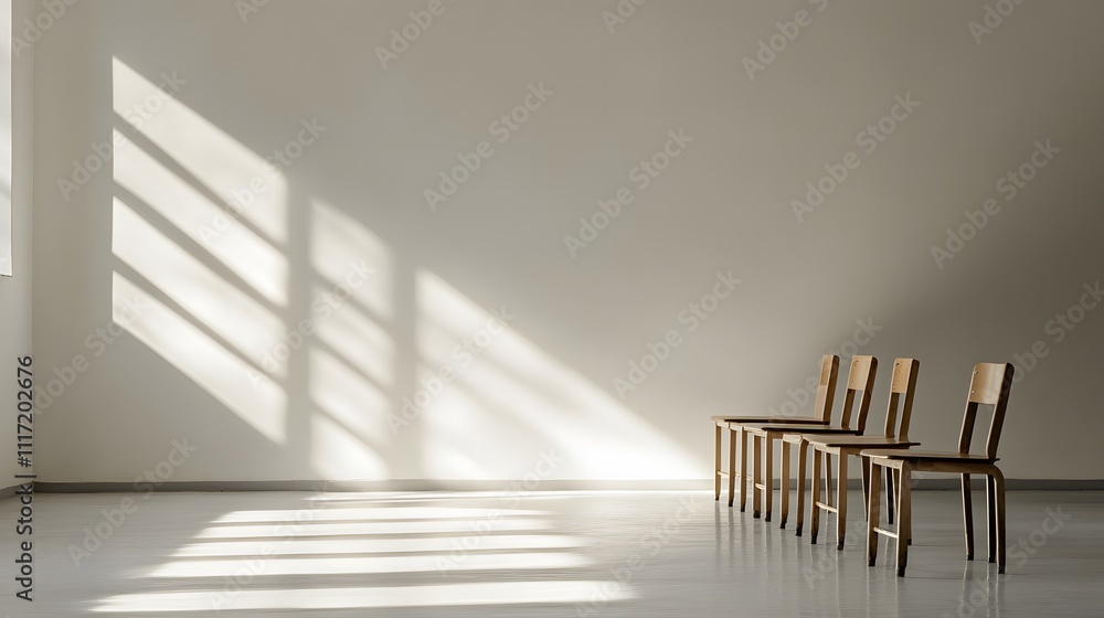 Poster a minimalist frame of an empty classroom with chairs stacked neatly on desks, and sunlight highlight