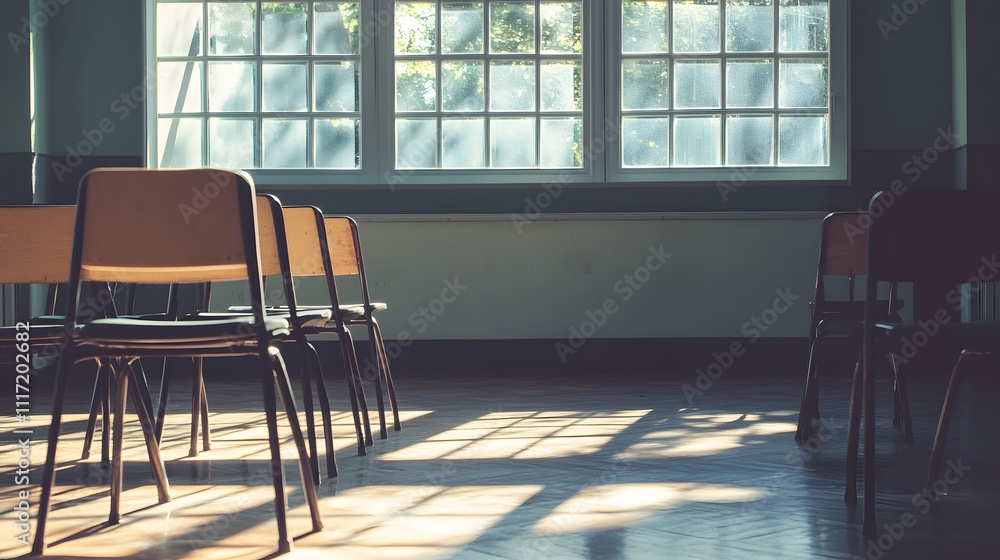 Poster a minimalist frame of an empty classroom with chairs stacked neatly on desks, and sunlight highlight