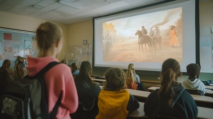 A storytelling shot of a classroom with a projector screen displaying a historical documentary, and students watching attentively.