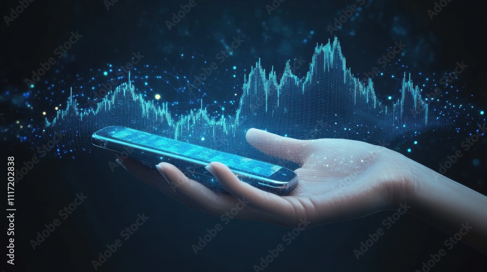 Poster innovative smartphone technology digital landscape visualization of data trends modern environment c