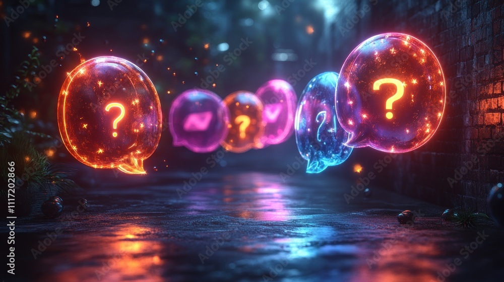 Poster glowing question mark speech bubbles float in a dark alley.