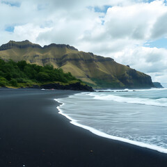 Nature landscape with black sand on beach