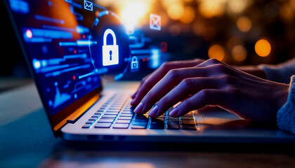 A person's hand typing on a laptop keyboard, with various cybersecurity icons and symbols overlaying the image, including a lock icon, an envelope icon, and other digital security elements