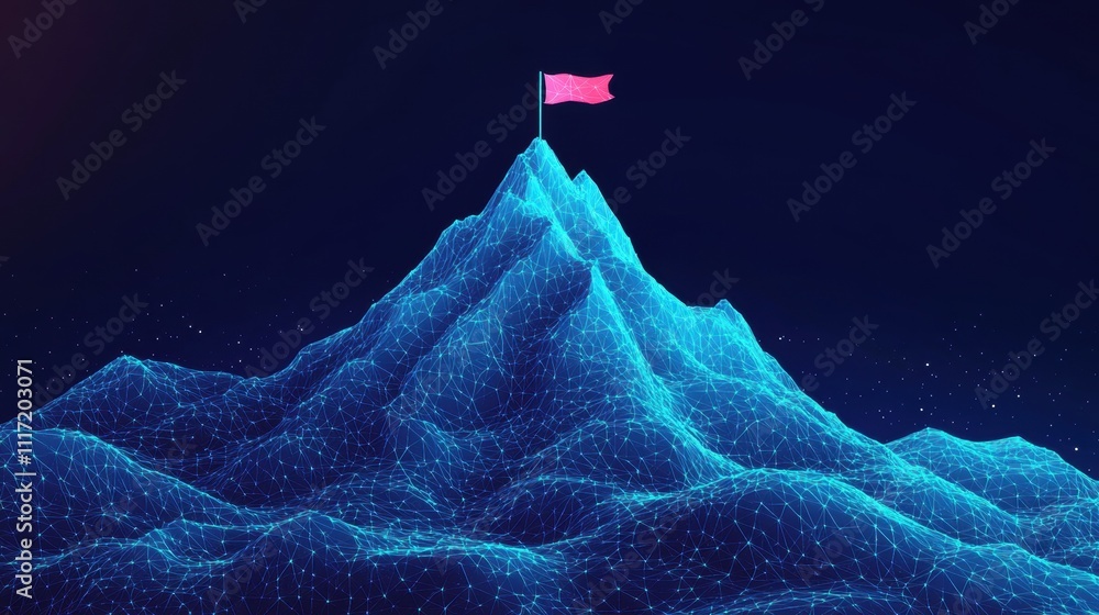 Poster digital art mountain landscape with flag abstract animation scene futuristic environment 3d visualiz