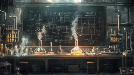 A dimly lit laboratory with glass beakers, smoke, and scientific diagrams on a chalkboard.
