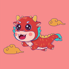 Vector illustration of cartoon baby dragon. Cute cartoon of flying dragon. Isolated character of dragon.